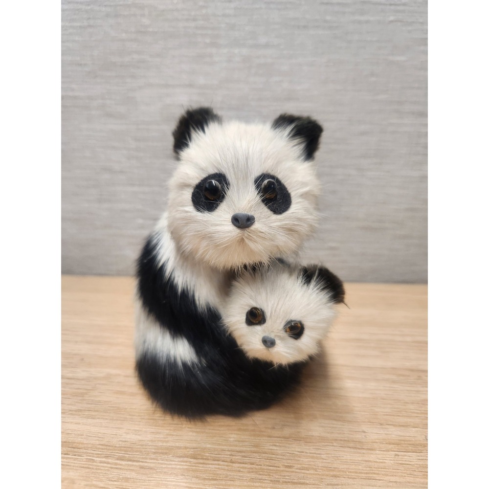 Vintage Real Fur 4.5" Tall Panda Mom Holding Baby Figurine Wild‎ Animal Bear